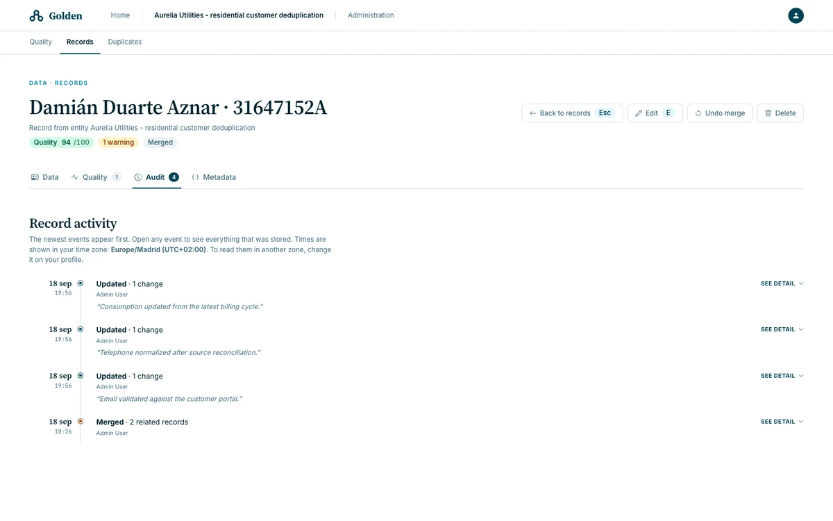 Golden audit trail showing a merge and subsequent record updates with authors, times and comments