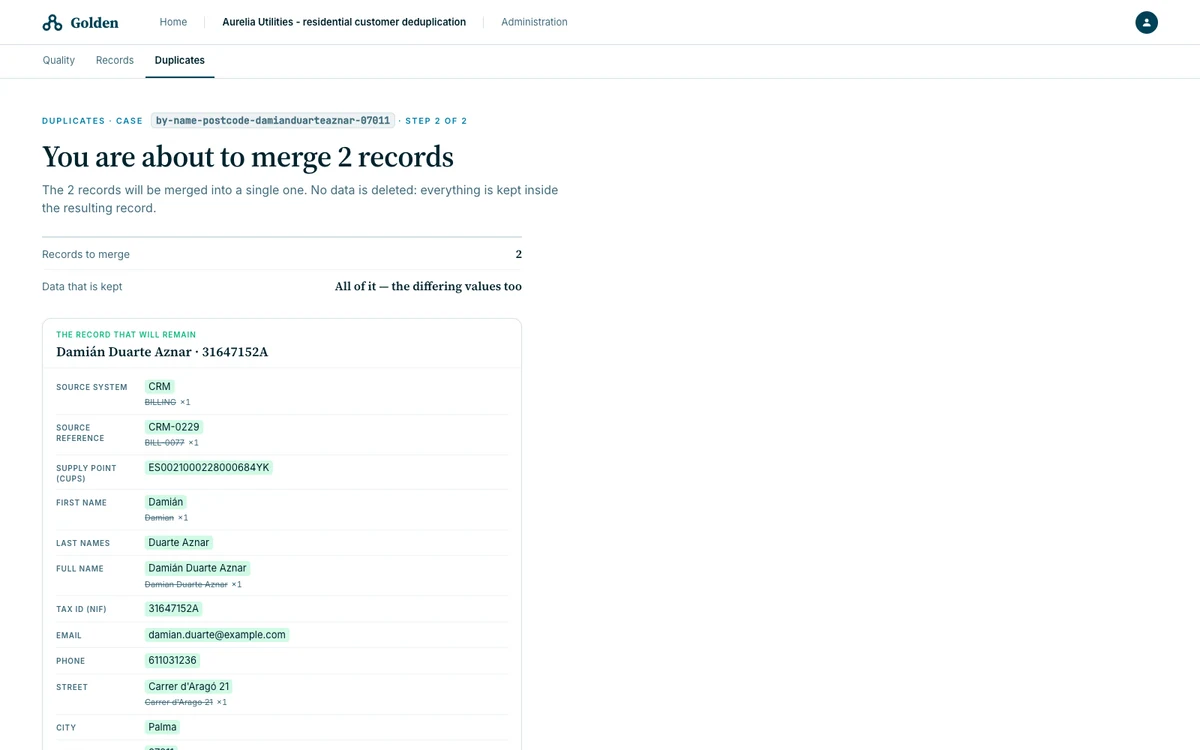 Golden merge preview showing the surviving customer record and retained values