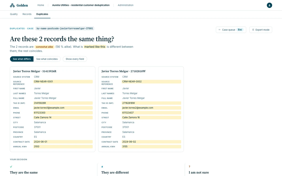 Golden near-miss review with a 56 percent score and conflicting customer identifiers