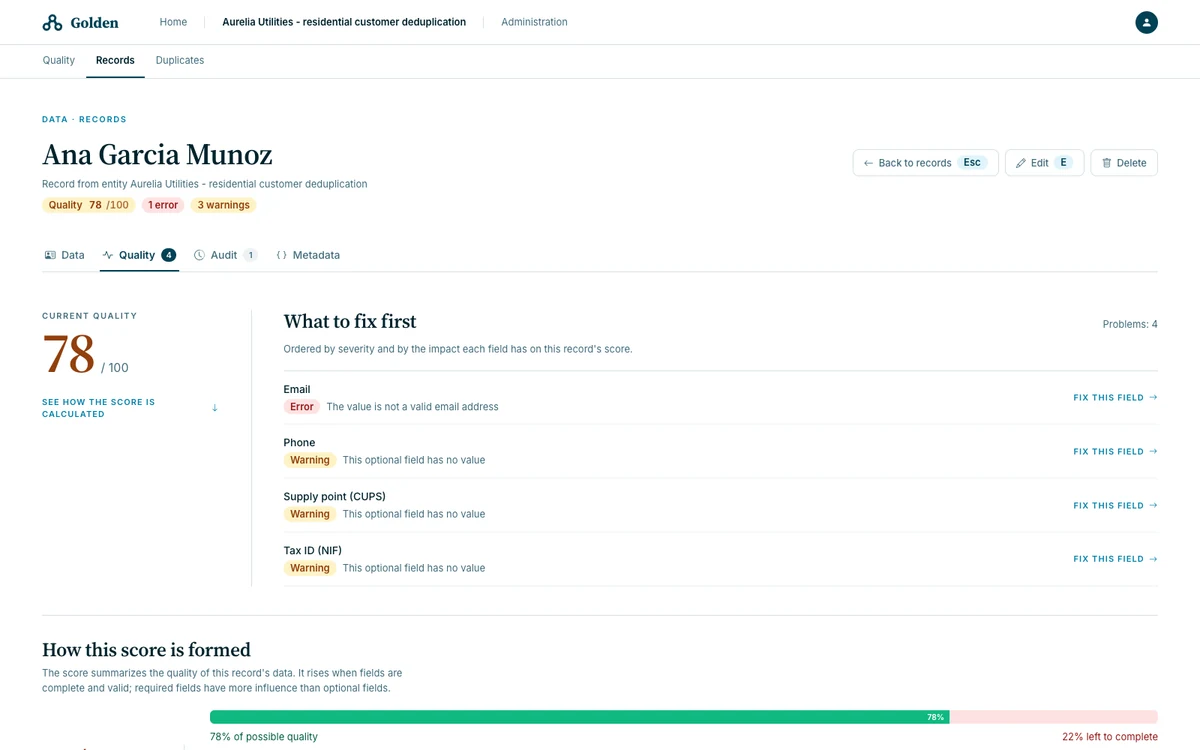 Aurelia Utilities customer record scoring 78 out of 100 with an invalid email and three missing values