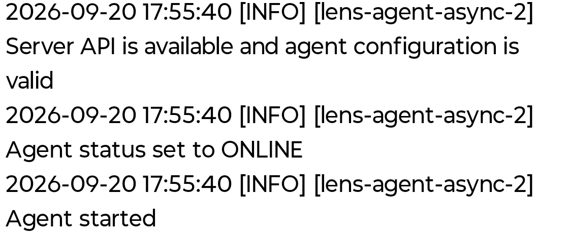 Android agent log confirming the server API is available, the configuration is valid and the agent has moved to Online