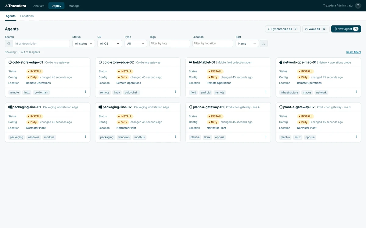 Lens fleet view showing Linux, Windows, macOS and Android edge runtimes across an industrial estate