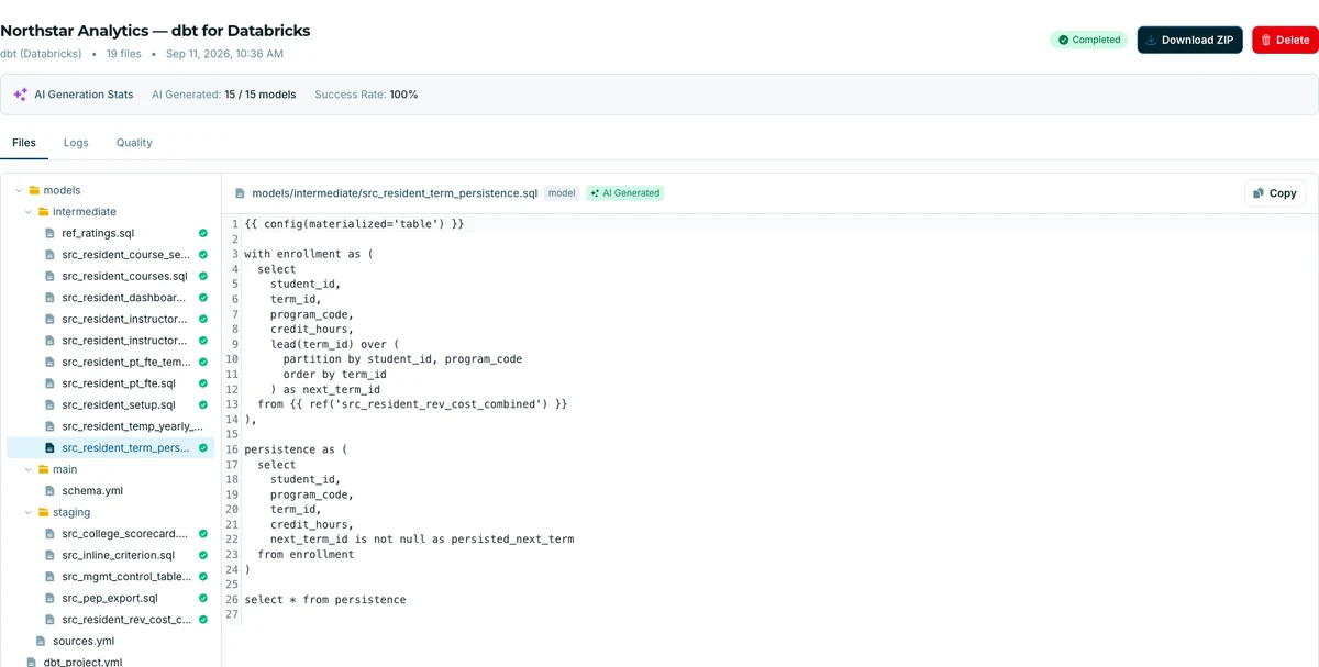 Generated Northstar Analytics dbt project and SQL model