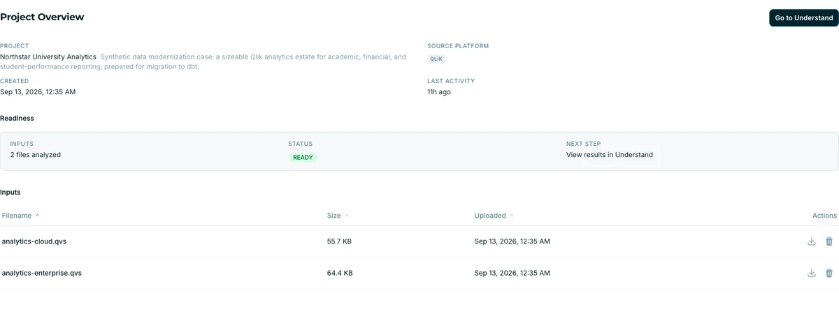 Northstar University project setup with two supplied Qlik files