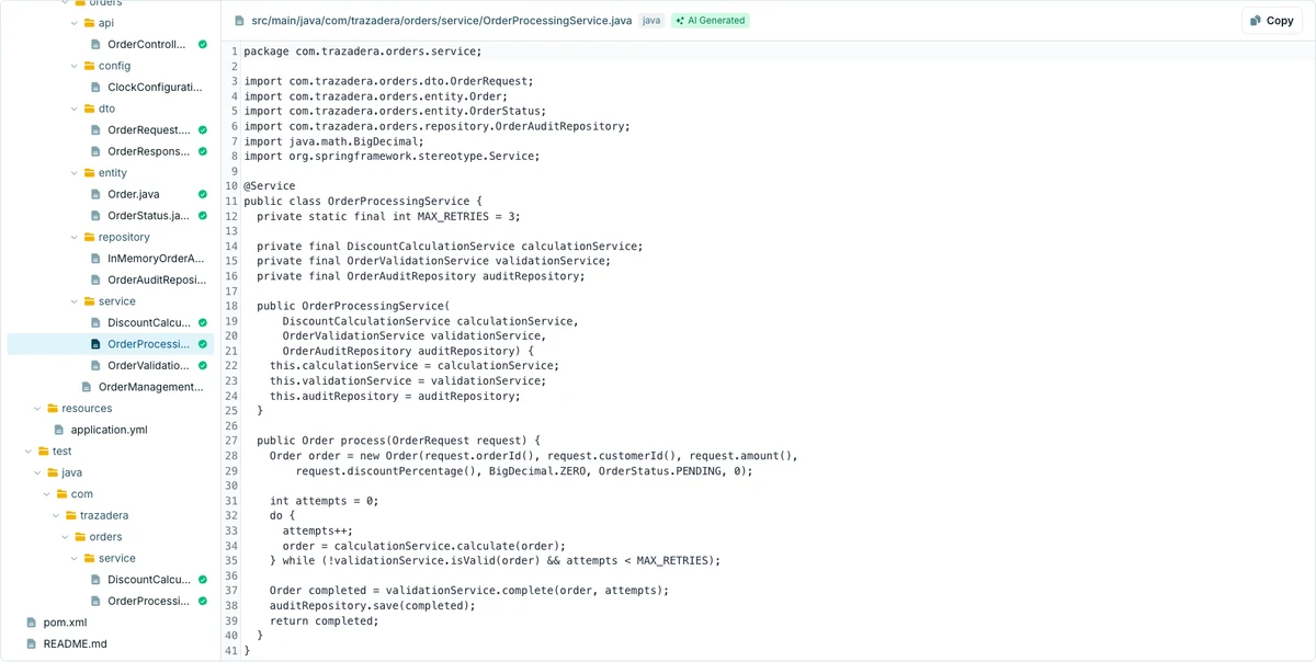 modernAIze file browser showing the Order Management Spring project and OrderProcessingService.java.