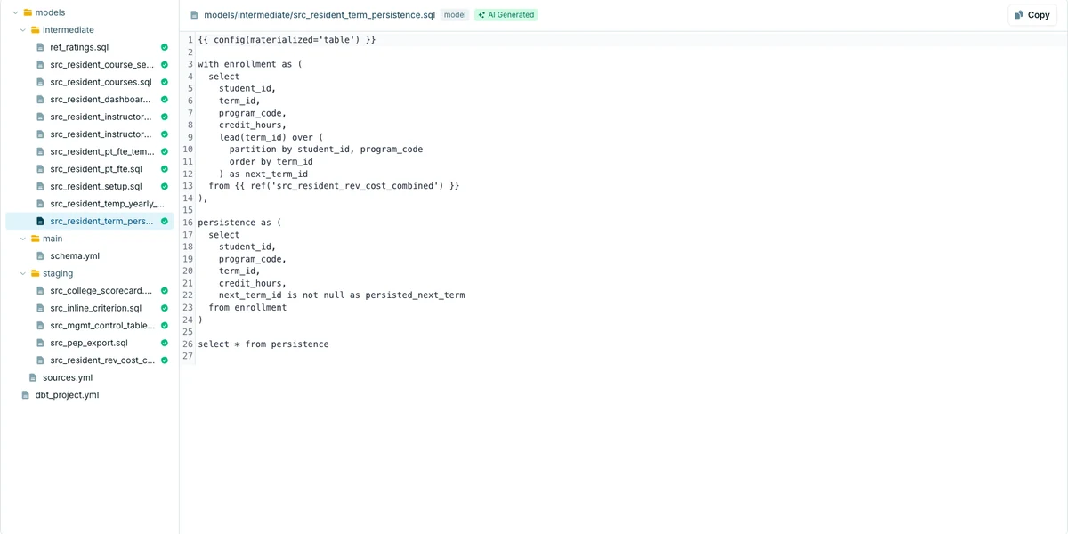 Northstar dbt project tree and the term persistence SQL model in the modernAIze file browser.