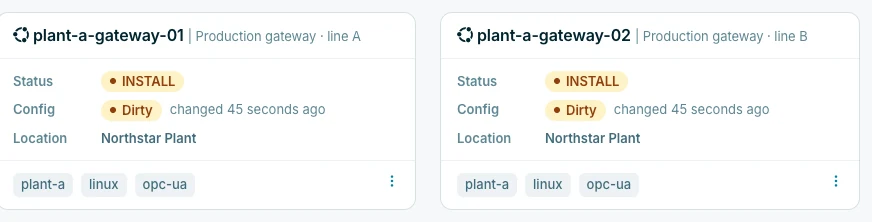 Lens plant-gateway-01 and plant-gateway-02 with Linux and plant-a tags, installation status and configuration state.