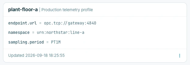 Lens plant-floor-a configuration with a local OPC UA endpoint, a namespace and a one-minute sampling period.