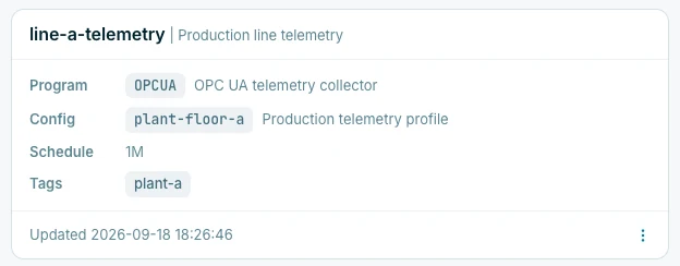 Lens line-a-telemetry deployment: OPCUA program, plant-floor-a configuration, 1M schedule and plant-a tag.