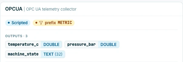 Lens program declaring temperature_c and pressure_bar as DOUBLE and machine_state as TEXT.