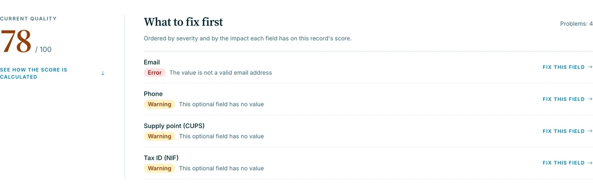 Golden record quality: score 78, an invalid email and three missing optional fields.