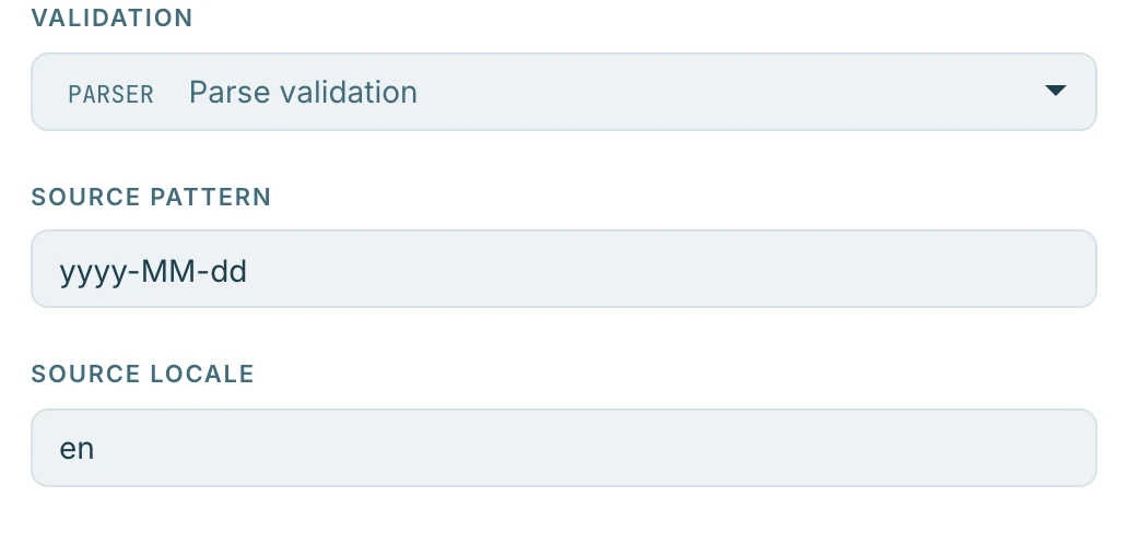 Golden dataset date validation with a configured source pattern and locale.