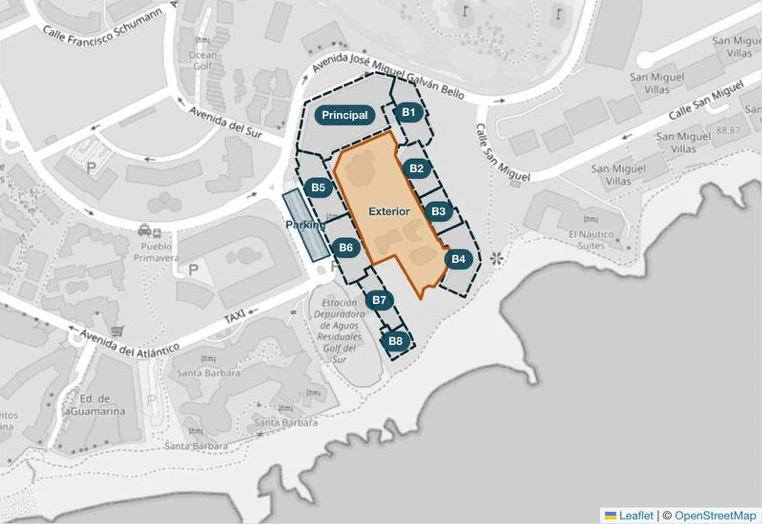 BP-Fantasia: buildings B1 to B8, main building, exterior and parking delimited on a map